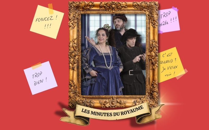 La dame de coeur, l'alchimiste et le dévoué de la série Les minutes du Royaume dans un cadre doré entouré de post it d'encouragement