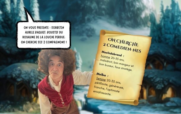 un personnage avec une coiffure très bouclée, un boustif du royaume, avec un parchemin sur un fond de montagne enneigé