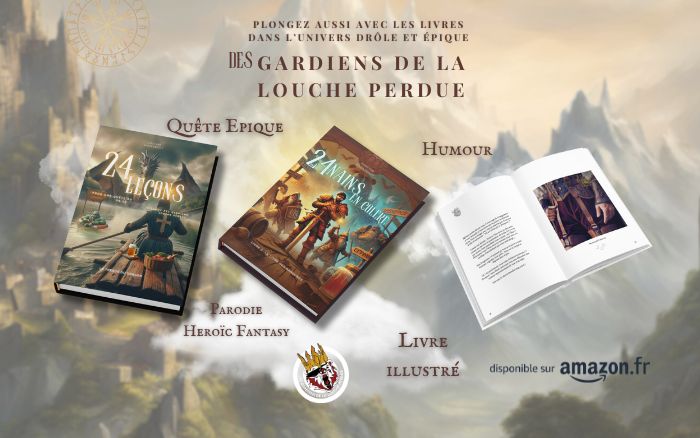 Présentation des 2 premiers tomes de la série 24 pour un royaume, avec l'intérieur d'un livre, su run fond de montagnes naines