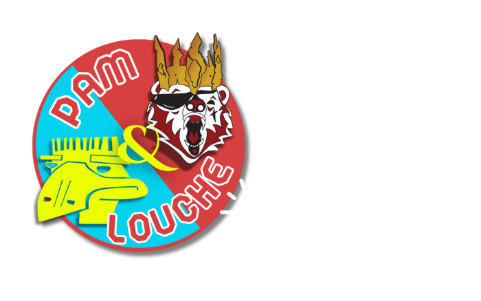 logo pam&louche avec un emeu juane à gauche, un ours à droite , lié au logo tipeee